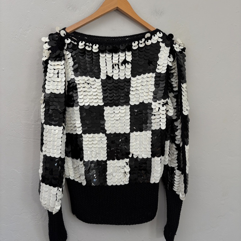 Vintage Sequin Sweater Women Size Small? Black White Checkered Hand Knit Wool - Picture 5 of 11